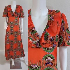 Vintage 60's-70's orange, green and purple fan novelty print maxi dress